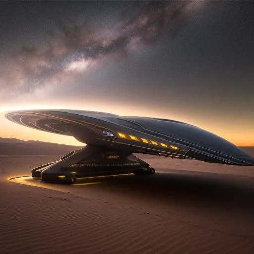 hyper realistic art, long cyberpunk starship landing in the desert, photorealistic, full resolution, insane detailed, professional photo, night milky way