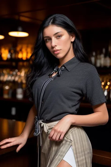 DEN_itsangelinabae_OF,
(working in a dark atmospheric bar, working behind the bar, pulling pints, bar, dark wood bar, atmospheric, wearing a shirt and tie and skirt:1.2),
bokeh, f1.4, 40mm, photorealistic, raw, 8k, textured skin, skin pores, intricate details <lora:epi_noiseoffset2:1>, epiCRealism