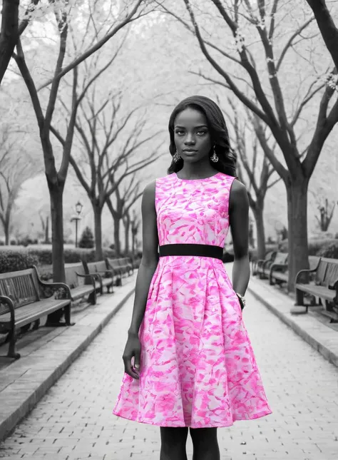 (BLACK AND WHITE IMAGE, Pink ACCENT), black and white image of a beautiful woman with a pink dress, in a park <lora:Black__White_One_Accent_Color_-_By_Dice:1>