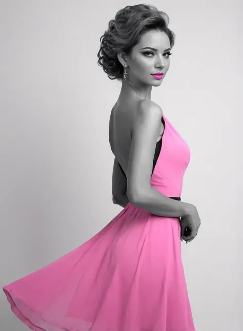 (BLACK AND WHITE IMAGE, Pink ACCENT), black and white image of a beautiful woman with a pink dress  <lora:Black__White_One_Accent_Color_-_By_Dice:1>