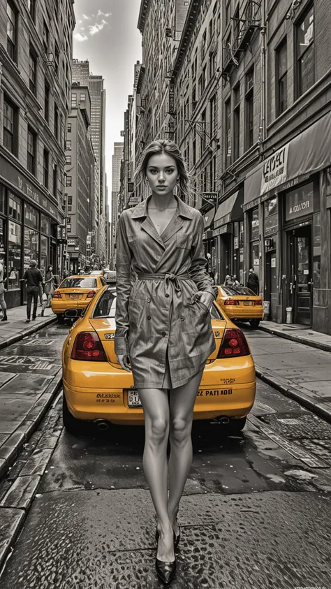 Stunning woman standing on a New York City Sidewalk, Taxi, (sharp:1.2), (detailed:1.2), (HD:1.2), (HDR:1.2), (8K:1.2), (best quality:1.2), (best resolution:1.2), maximalist, (masterpiece:1.2), rough lines, by pencil and ink, crosshatching, Painstaking Attention To Detail, <lora:Black__White_One_Accent_Color_-_By_Dice:1>, (Black and white image, Yellow Accent)