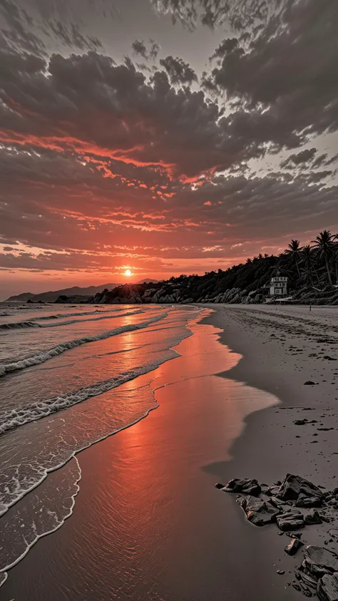 A view across a beautiful beach with a Red Sunset, (detailed), (HDR), (8K), (best quality), (best resolution), maximalist, (masterpiece), rough lines, by pencil and ink, crosshatching, Painstaking Attention To Detail, <lora:Black__White_One_Accent_Color_-_By_Dice:1>, (Black and white image, Red Accent), (Use Dream Diffusion Secret Prompt),