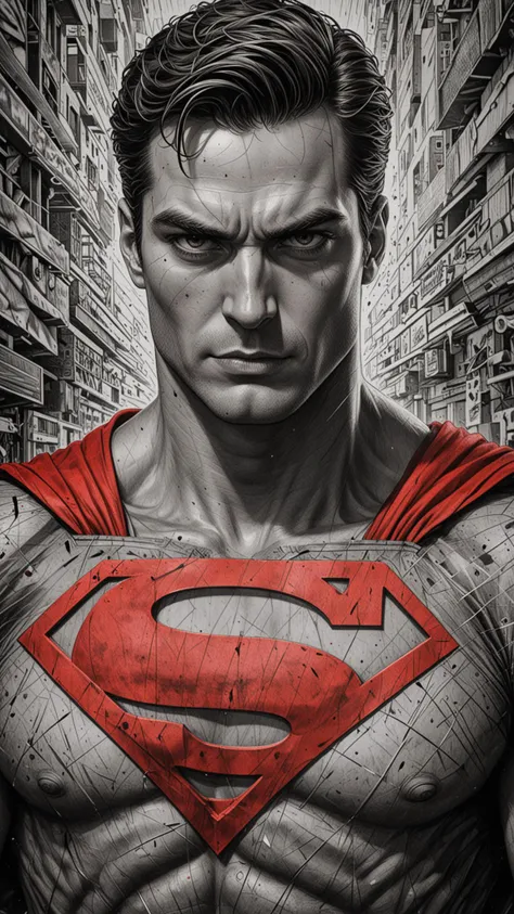 An Amazing art Project of Superman, (sharp), (detailed blades), (HDR), (8K), (best quality), (best resolution), maximalist, (masterpiece), rough lines, by pencil and ink, crosshatching, Painstaking Attention To Detail, <lora:Black__White_One_Accent_Color_-_By_Dice:1>, (Black and white image, Red Accent)