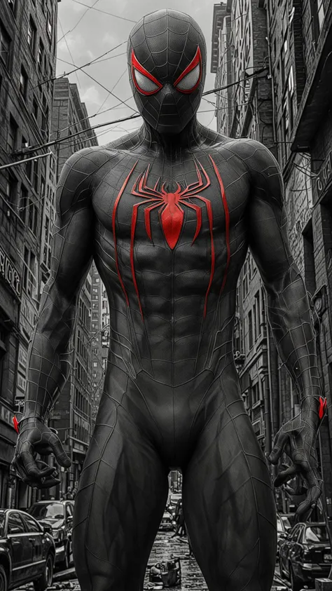 An Amazing art Project of Spideman, (sharp), (detailed blades), (HDR), (8K), (best quality), (best resolution), maximalist, (masterpiece), rough lines, by pencil and ink, crosshatching, Painstaking Attention To Detail, <lora:Black__White_One_Accent_Color_-_By_Dice:1>, (Black and white image, Red Accent)