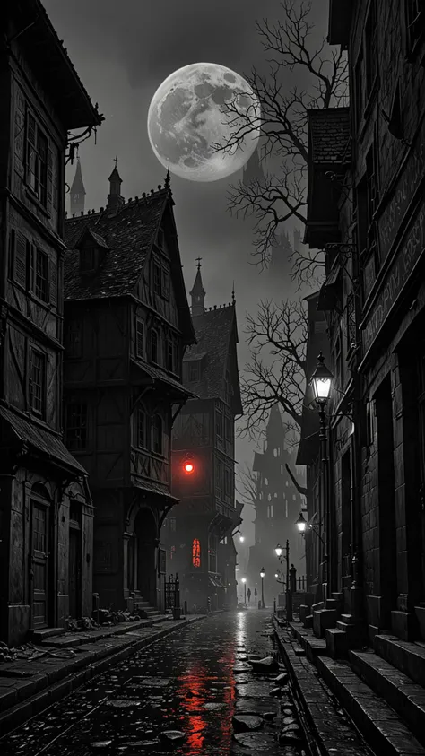 The city of yharnam, oil painting, Red moon, realistic, extreme detail, scary, terrifying, dark and warm environment, 8k, Epic, (Use Dream Diffusion Secret Prompt),  <lora:Black__White_One_Accent_Color_-_By_Dice:1>, (Black and white image, Red Accent), UHD