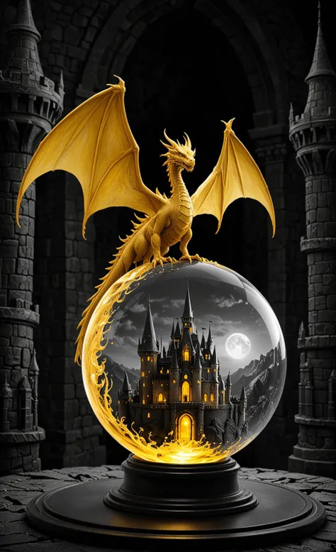A glass sphere sculpture, concealed inside the sphere is a Dragon flying over a castle, Fantasy, in the dark, detailed image, 8k high quality detailed, the moon, shaped sphere, amazing wallpaper, digital painting highly detailed, 8k UHD detailed oil painting, beautiful art UHD, focus on full glass sphere, bokeh, background Modifiers: extremely detailed Award winning photography, fantasy studio lighting, photorealistic very attractive beautiful imperial colours ultra detailed 3D, (Extremely Intricate), UHD, <lora:Black__White_One_Accent_Color_-_By_Dice:1>, (Black and white image, Yellow Accent)