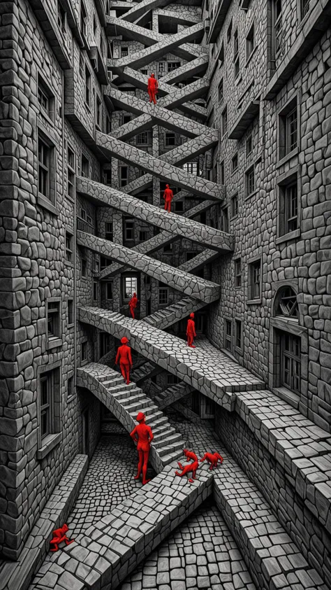 fuse M.C. Escher's geometric optical illusions. Utilize Escher's intricate linework to create fantastical illusions, amplifying the ethereal energy and inviting immersive exploration centered around M.C Escher's captivating optical Illusions. <lora:Black__White_One_Accent_Color_-_By_Dice:1>, (Black and white image, Red Accent)