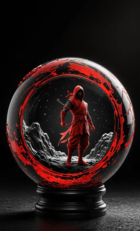 A glass sphere sculpture, concealed inside the sphere is a Ninja Warrior, Fantasy, in the dark, detailed image, 8k high quality detailed, the moon, shaped sphere, amazing wallpaper, digital painting highly detailed, 8k UHD detailed oil painting, beautiful art UHD, focus on full glass sphere, bokeh, background Modifiers: extremely detailed Award winning photography, fantasy studio lighting, photorealistic very attractive beautiful imperial colours ultra detailed 3D, (Extremely Intricate), UHD,  <lora:Black__White_One_Accent_Color_-_By_Dice:1>, (Black and white image, Red Accent)