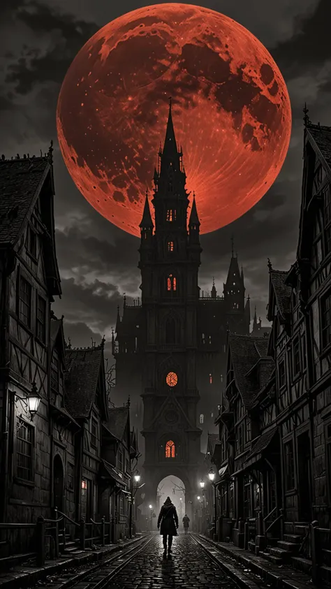 The city of yharnam, oil painting, Red moon, realistic, extreme detail, scary, terrifying, dark and warm environment, 8k, Epic, (Use Dream Diffusion Secret Prompt),  <lora:Black__White_One_Accent_Color_-_By_Dice:1>, (Black and white image, Red Accent), UHD