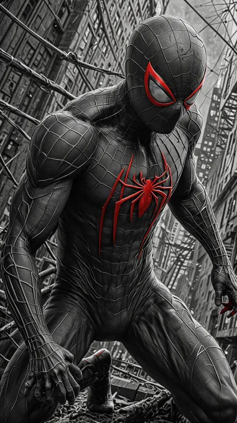 An Amazing art Project of Spideman, (sharp), (detailed blades), (HDR), (8K), (best quality), (best resolution), maximalist, (masterpiece), rough lines, by pencil and ink, crosshatching, Painstaking Attention To Detail, <lora:Black__White_One_Accent_Color_-_By_Dice:1>, (Black and white image, Red Accent)