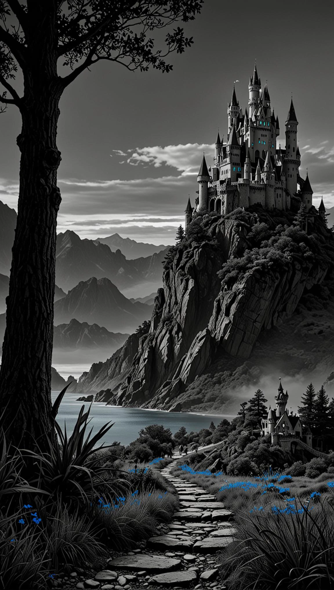 hyper realistic medium full shot photo of a (magical scenery), (oppulent , esthetic , masterful), poster art, bold lines, hyper detailed, expressive, award winning, dark limited palette, high contrast, depth of field, (intricate details, masterpiece, best quality), fluorescent lighting, wide angle panoramic view, Epic, Event Horizion, (Use Dream Diffusion Secret Prompt), <lora:Black__White_One_Accent_Color_-_By_Dice:1>, (Black and white image, Blue Accent)