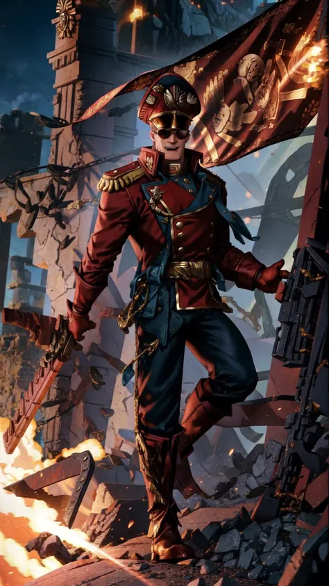 <lora:johnny_bravo_v1:0.7> (johnny bravo, sunglasses:1.15), mega-pompadour, smile, muscular male, boots, BREAK, (Commissar Bravo:1.10), BREAK, <hypernet:commissar_v10:1> warhammer 40k commissar, military uniform, black and red coat, bolter, <lora:more_details:0.3> BREAK, (flexing, flexing muscles, poseing:1.10), masterpiece, best quality, extremely detailed, highly quality, 4k, sharp focus, professional, sharp focus, award winning, cinematic lighting, octane render, unreal engine, volumetrics dtx, Wallpaper,