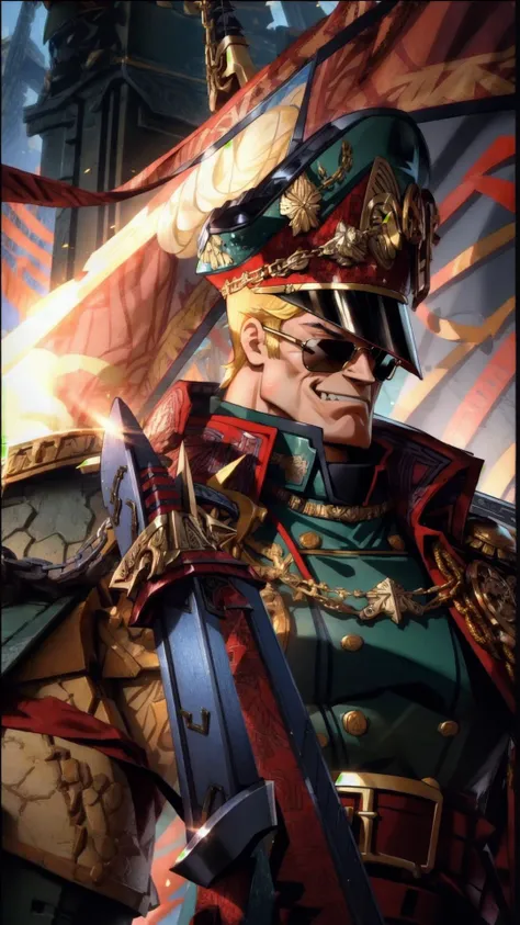 <lora:johnny_bravo_v1:0.7> (johnny bravo, sunglasses:1.15), (mega pompadour:1.15), smile, muscular male, boots, BREAK, (Commissar Bravo:1.10), BREAK, <hypernet:commissar_v10:1> warhammer 40k commissar, military uniform, black and red coat, (chainsword:1.10), <lora:more_details:0.3> BREAK, (flexing, flexing muscles, poseing:1.15), masterpiece, best quality, extremely detailed, highly quality, 4k, sharp focus, professional, sharp focus, award winning, cinematic lighting, octane render, unreal engine, volumetrics dtx, Wallpaper,