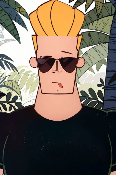 professional photo of johnny bravo, 1boy, sunglasses, black shirt, detailed skin, detailed eyes, bouncer, photo made with Canon EOS in naturalistic style photography, forest background, popular on artstation, popular on deviantart, popular on flicker <lora:johnny_bravo_v1:1:MIDD>