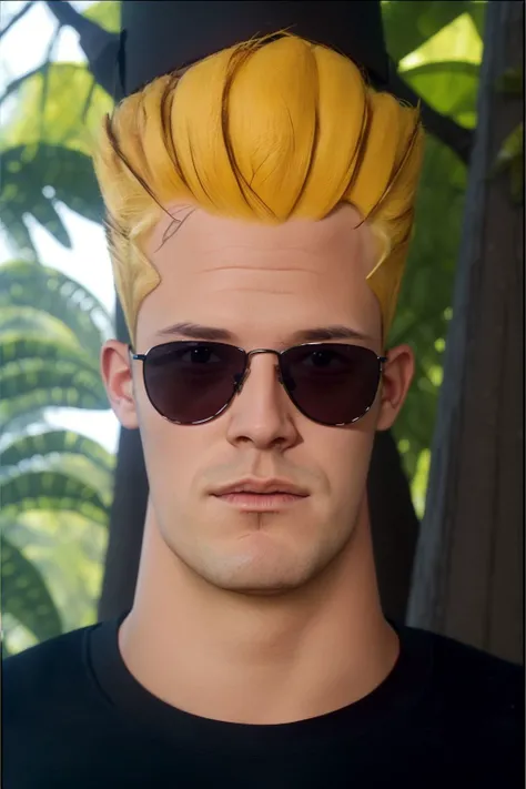 professional photo of johnny bravo, 1boy, sunglasses, black shirt, detailed skin, detailed eyes, bouncer, photo made with Canon EOS in naturalistic style photography, forest background, popular on artstation, popular on deviantart, popular on flicker <lora:johnny_bravo_v1:1:MIDD>