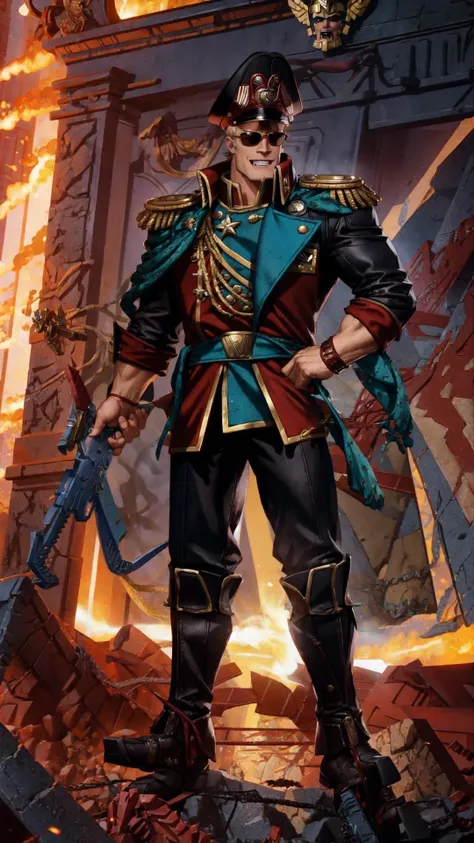 <lora:johnny_bravo_v1:0.6> (johnny bravo, sunglasses:1.15), mega-pompadour, smile, muscular male, boots, BREAK, Commissar Bravo, BREAK, <hypernet:commissar_v10:1> warhammer 40k commissar, military uniform, black and red coat, bolter, <lora:more_details:0.3> BREAK, flexing, flexing muscles, masterpiece, best quality, extremely detailed, highly quality, 4k, sharp focus, professional, sharp focus, award winning, cinematic lighting, octane render, unreal engine, volumetrics dtx, Wallpaper,