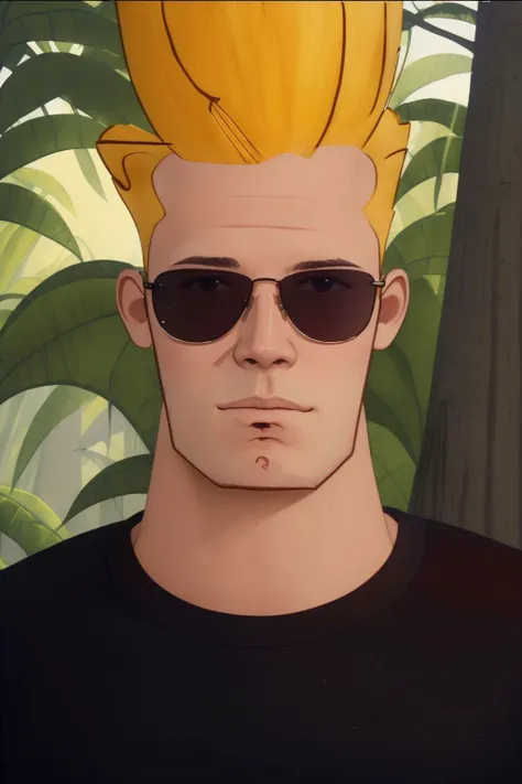 professional photo of johnny bravo, 1boy, sunglasses, black shirt, detailed skin, detailed eyes, bouncer, photo made with Canon EOS in naturalistic style photography, forest background, popular on artstation, popular on deviantart, popular on flicker  <lora:johnny_bravo_v1:1:MIDD>