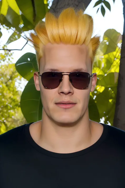 professional photo of johnny bravo, 1boy, sunglasses, black shirt, detailed skin, detailed eyes, bouncer, photo made with Canon EOS in naturalistic style photography, forest background, popular on artstation, popular on deviantart, popular on flicker <lora:johnny_bravo_v1:1:MIDD>