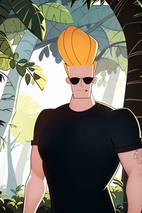 professional photo of johnny bravo, 1boy, sunglasses, black shirt, detailed skin, detailed eyes, bouncer, photo made with Canon EOS in naturalistic style photography, forest background, popular on artstation, popular on deviantart, popular on flicker <lora:johnny_bravo_v1:1:MIDD>