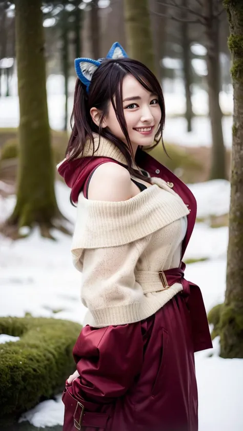 best quality, masterpiece, 1girl, (smile:1.15), middle breasts, cat ear, dark hair, hair ornament, ornament,((red color) trench coat), off-shoulder sweater, see-through clothes, wet clothes, open clothes, detailed, blue eyes, windy, long locks, snowy, upper body, detailed face, winter, trees, sunshine, snow