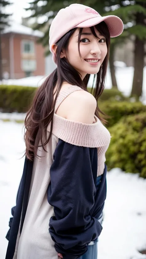 best quality, masterpiece, 1girl, (smile:0.8), middle breasts, pink hat, dynamic pose, dark hair, side ponytail, hair ornament, ornament, off-shoulder coat, see-through clothes, wet clothes, open clothes, detailed, dark eyes, windy, long locks, snowy, upper body, detailed face, winter, trees, sunshine, snow