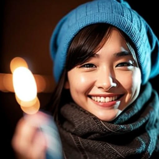 <lora:Gakki1.0:1>a woman with a scarf on smiling at the camera in a dark room with a light on