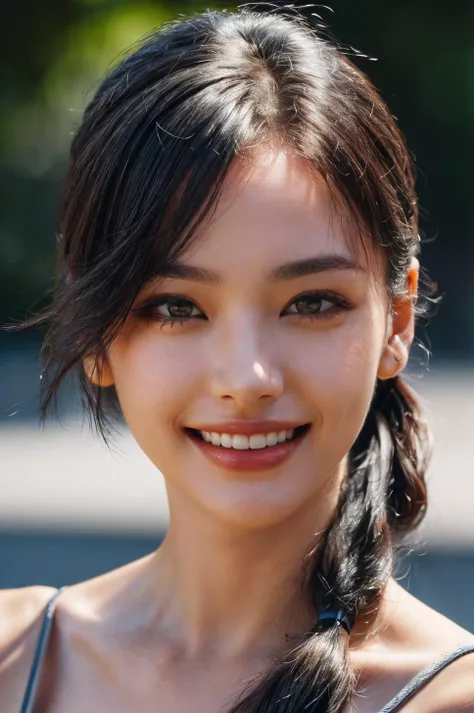 (masterpiece, best quality, beautiful quality, photorealistic, detailed lighting, extremely detailed skin, extremely detailed hair, shadows, 8k, a picture of a woman, pony tail, teeth, smile, black hair, forehead, upper body, 1girl, fcPortrait:1.2), <lora:add_detail:1>, <lora:Gakki1.0:0.9:OUTALL>