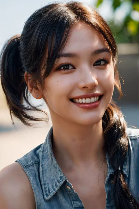 (masterpiece, best quality, beautiful quality, photorealistic, detailed lighting, extremely detailed skin, extremely detailed hair, shadows, 8k, a picture of a woman, pony tail, teeth, smile, black hair, forehead, upper body, 1girl, fcPortrait:1.2), <lora:add_detail:1>, <lora:Gakki1.0:0.9:OUTALL>