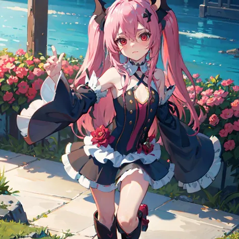 best quality, masterpiece, highres, extremely detailed 8K wallpaper, original, detailed fingers, detailed hands, detailed eyes,
garden, multicolored flowers around, 1girl, blush, pout, looking at viewer, standing, dynamic pose,
krul tepes, red eyes, flat chest, long hair, pink hair, two side up, hair ornament, boots, black dress, bare shoulders, wide sleeves, ribbon,
<lora:krul_tepes_ver1.0:0.65>
