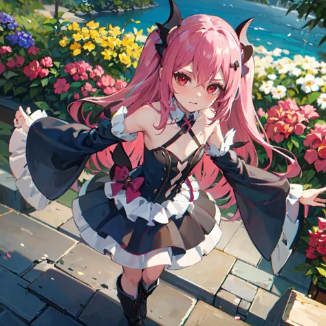 best quality, masterpiece, highres, extremely detailed 8K wallpaper, original, detailed fingers, detailed hands, detailed eyes,
garden, multicolored flowers around, 1girl, blush, pout, looking at viewer, standing, dynamic pose,
krul tepes, red eyes, flat chest, long hair, pink hair, two side up, hair ornament, boots, black dress, bare shoulders, wide sleeves, ribbon,
<lora:krul_tepes_ver1.0:0.65>