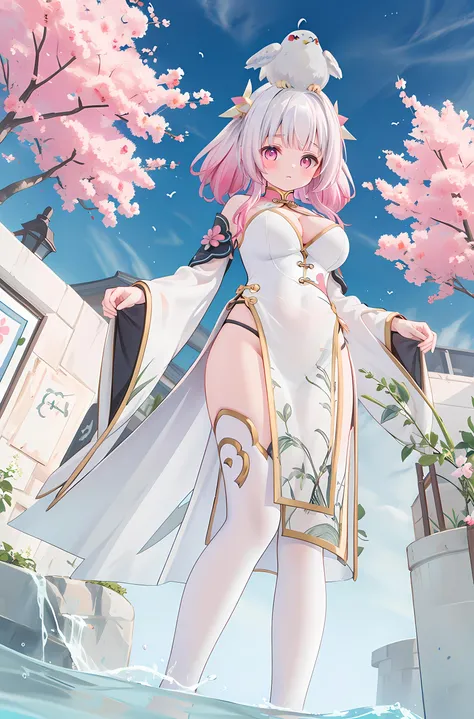 ((best quality, masterpiece)),(yuan:1.5)yuan,dove sitting on head,1girl,virtual_youtuber,full_body,breasts,solo,animal_on_head,thighhighs,dress,pink_hair,cleavage,on_head,bare_shoulders,bangs,pink_legwear,straight-on,detached_sleeves,pelvic_curtain,dove sitting on head,bird,virtual_youtuber,bird_on_head,breasts,1girl,animal_on_head,on_head,animal,cleavage,dove,chick,cleavage_cutout,owl,bare_shoulders,<lora:yuan:0.7>,black thighhighs,(standing:1.2),(chinese style:1.2),night,pink eyes,<lora:white tights2:0.3>,(,from below:1.4),look down,(shy:1.4),expressionless(,focus on legs:1.2),on water,