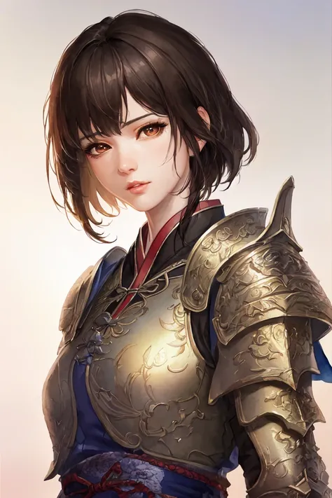 masterpiece, best quality, romance of the three kingdoms, realistic, game cg, watercolor \(high\), 1girl, solo, simple background, Oriental, beautiful-detailed brown eyes, portrait, ultra detailed, short hair, detailed clothes, with bangs, armored dress, confident