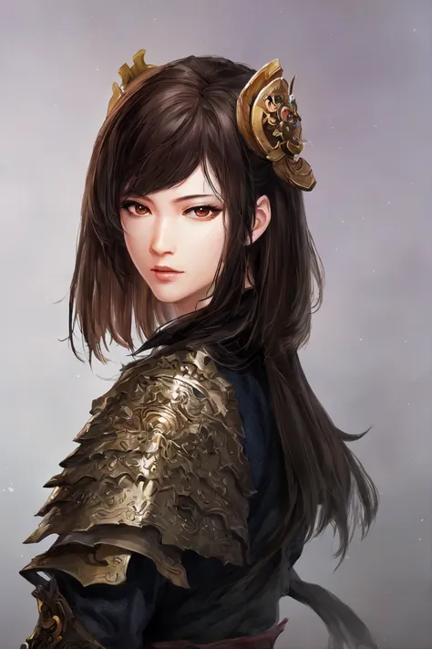 masterpiece, best quality, romance of the three kingdoms, realistic, game cg, watercolor \(high\), 1girl, solo, simple background, Oriental, beautiful-detailed brown eyes, portrait, ultra detailed, short hair, detailed clothes, with bangs, armored dress, confident