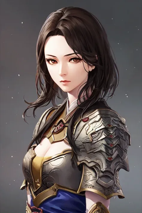 masterpiece, best quality, romance of the three kingdoms, realistic, game cg, watercolor \(high\), 1girl, solo, simple background, Oriental, beautiful-detailed brown eyes, portrait, ultra detailed, short hair, detailed clothes, with bangs, armored dress,