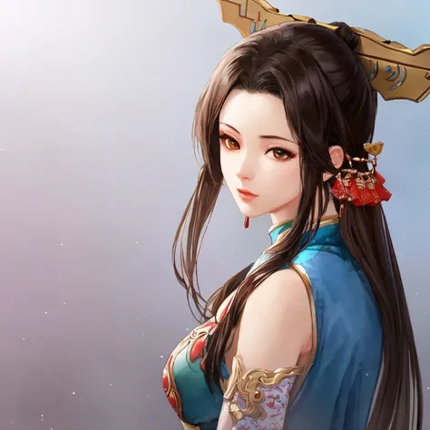 masterpiece, best quality, romance of the three kingdoms, realistic, game cg, watercolor \(medium\), 1girl, simple background, noble_clothes, Oriental, with bangs, detailed hair, detailed brown eyes, detailed clothes