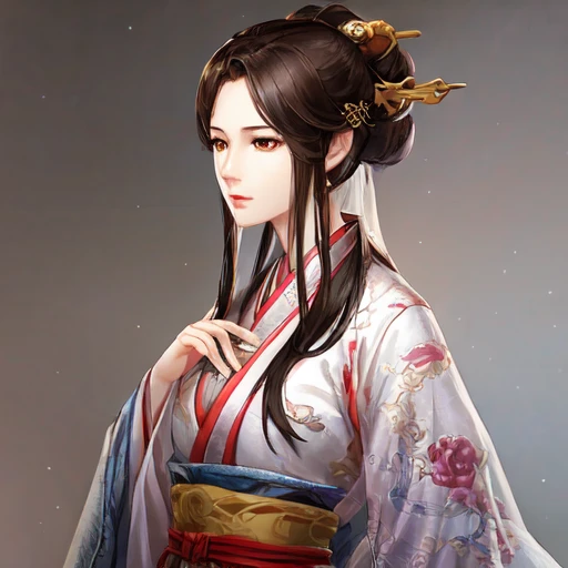 masterpiece, best quality, romance of the three kingdoms, realistic, game cg, watercolor \(medium\), 1girl, simple background, noble_clothes, Oriental, with bangs, detailed hair, detailed brown eyes, detailed clothes