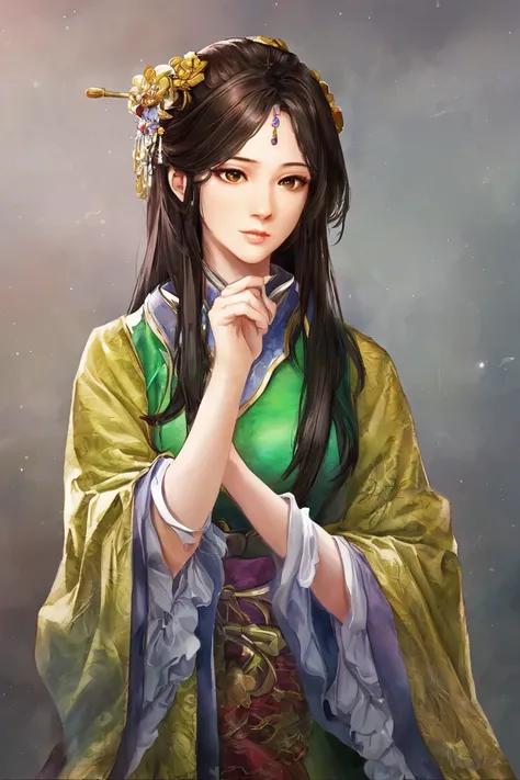 ((masterpiece)), best quality, romance of the three kingdoms, realistic, game cg, watercolor \(high\), 1girl, simple background, noble_clothes, Oriental, ((with bangs)), (detailed hair), (detailed brown eyes), (detailed clothes), portrait, green clothes,