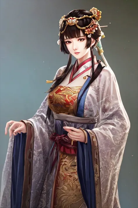 masterpiece, best quality, romance of the three kingdoms, realistic, game cg, watercolor \(medium\), 1girl, simple background, noble_clothes, Oriental, with bangs, detailed hair, detailed brown eyes, detailed clothes