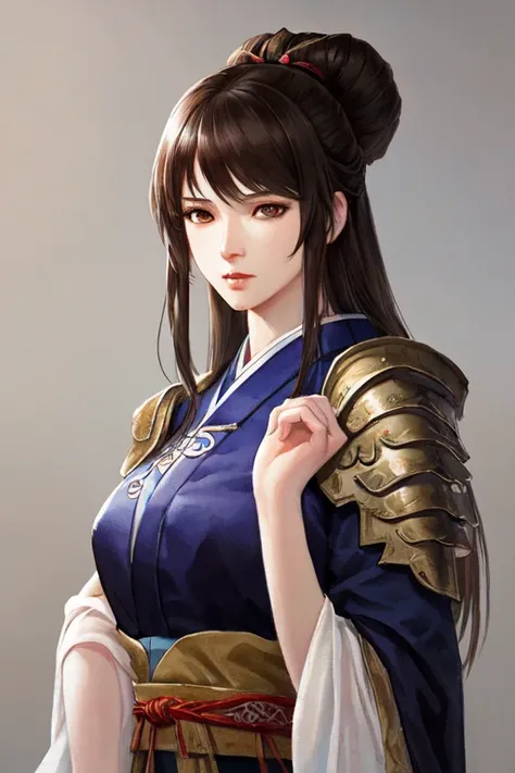 masterpiece, best quality, romance of the three kingdoms, realistic, game cg, watercolor \(high\), 1girl, solo, simple background, Oriental, beautiful-detailed brown eyes, portrait, ultra detailed, disheveled hair, detailed clothes, with bangs, armored dress, confident