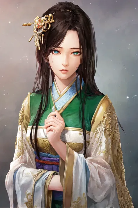 masterpiece, best quality, romance of the three kingdoms, realistic, game cg, watercolor \(high\), 1girl, solo, simple background, Oriental, beautiful-detailed eyes, portrait, ultra detailed, disheveled hair, detailed clothes, with bangs, general, green clothes