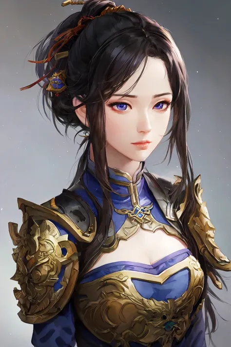 masterpiece, best quality, romance of the three kingdoms, realistic, game cg, watercolor \(high\), 1girl, solo, simple background, Oriental, beautiful-detailed eyes, portrait, simple armored dress, ultra detailed, disheveled hair, determined_face