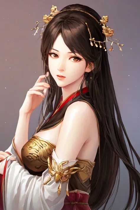 masterpiece, best quality, romance of the three kingdoms, realistic, game cg, watercolor \(medium\), 1girl, simple background, noble_clothes, Oriental, with bangs, detailed hair, detailed brown eyes, detailed clothes