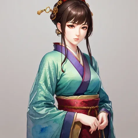 masterpiece, best quality, romance of the three kingdoms, realistic, game cg, watercolor \(medium\), 1girl, simple background, Oriental, with bangs, detailed hair, detailed brown eyes, detailed clothes, green_clothes
, general