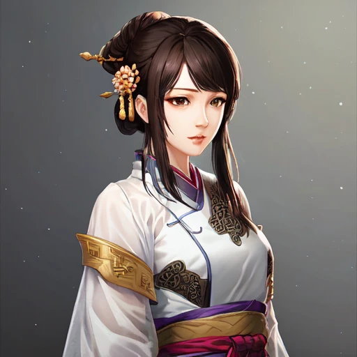 masterpiece, best quality, romance of the three kingdoms, realistic, game cg, watercolor \(medium\), 1girl, simple background, noble_clothes, Oriental, with bangs, detailed hair, detailed brown eyes, detailed clothes