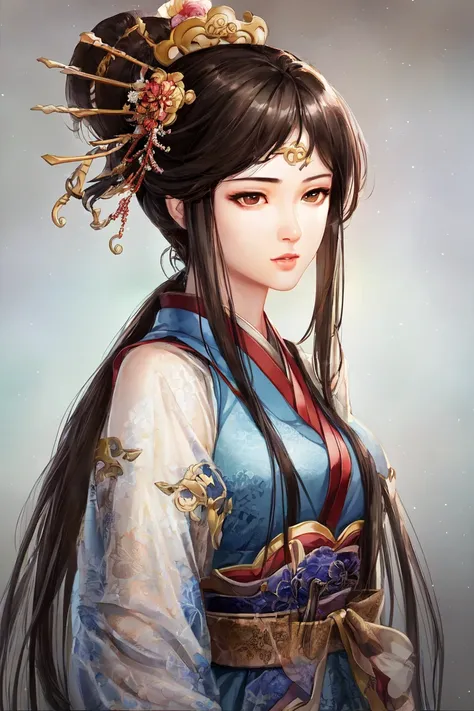 masterpiece, best quality, romance of the three kingdoms, realistic, game cg, watercolor \(medium\), 1girl, simple background, noble_clothes, Oriental, with bangs, detailed hair, detailed brown eyes, detailed clothes