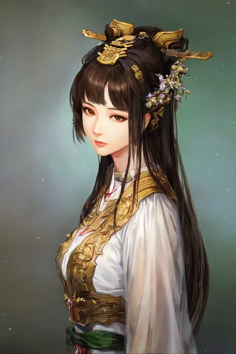 ((masterpiece)), best quality, romance of the three kingdoms, realistic, game cg, watercolor \(high\), 1girl, simple background, noble_clothes, Oriental, ((with bangs)), (detailed hair), (detailed brown eyes), (detailed clothes), portrait, green clothes,