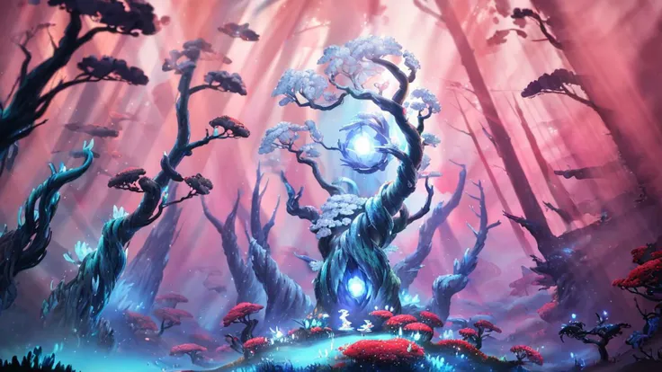 <lora:S1-Ori-ArtStyle_DreamLike-000008:1>,by Pino Daeni,by Ruan Jia,by Alayna Lemmer,by Carlo Galli Bibiena,[spirit tree],sky blue and pink sky,starry,forest with blue ocean and glowing plant,(Ori and the Blind Forest),(Ori and the Will of the Wisps),2D game,digital art,realistic proportions,sharp focus,(HDR),(8k),(gigapixel),((masterpiece)),depth of field,