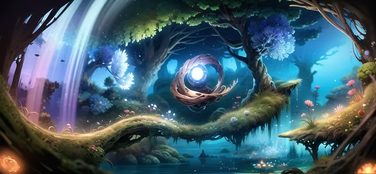 digital painting, smooth, high quality, highly detailed sketch, magic, flower bridge, (glowing orb:1.1) in the middle, (green forest:1.2), waterfall, (spirit tree:1.1), (fisheye:1.5),