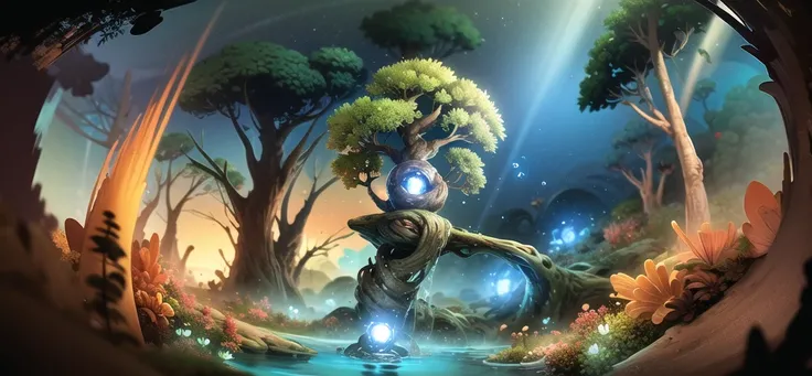 digital painting, smooth, high quality, highly detailed sketch, magic, flower bridge, (glowing orb:1.1) in the middle, (green forest:1.2), waterfall, (spirit tree:1.1), (fisheye:1.5),