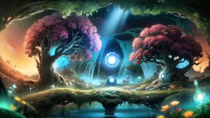 digital painting, smooth, high quality, highly detailed sketch, magic, flower bridge, (glowing orb:1.1) in the middle, (green forest:1.2), waterfall, (spirit tree:1.1), (fisheye:1.3),